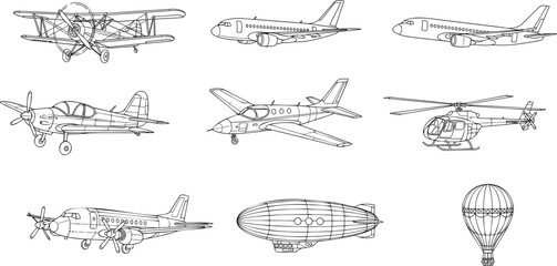 Aircraft Line Art Collection - Airplanes, Helicopter, Airship and Hot Air © Aiyan