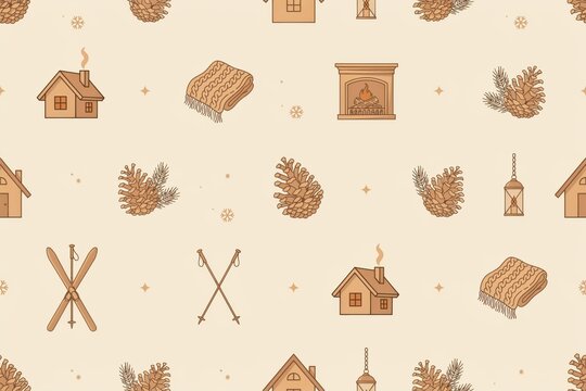 Winter seamless pattern with wooden cabins, pine cones, fireplaces, knitted blankets, and ski equipment on a light beige background