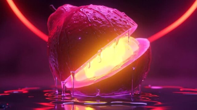 Orange fruit half glows with intense internal radiant neon light as sticky syrup drips downward against a dark background with a circular red ring, creating a surreal and vivid artistic composition.
