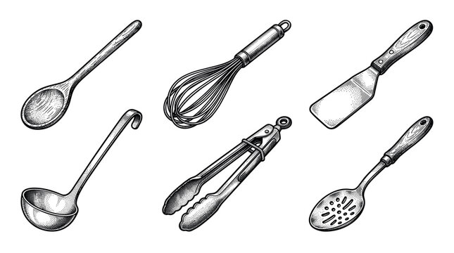 Kitchen utensils and cooking tools vector illustration set in vintage engraving style