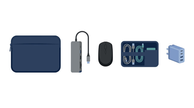 Flat vector illustration set of laptop accessories including sleeve case, usb hub, mouse, cable organizer, and charger