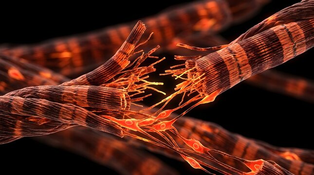 Damaged biological muscle fiber strands separating under microscopic view