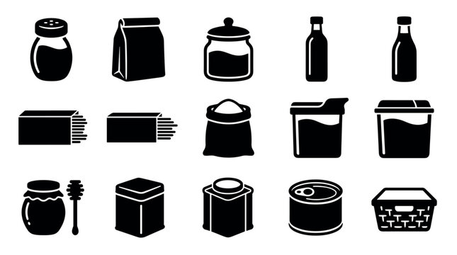 Kitchen pantry and food storage containers vector glyph icon set
