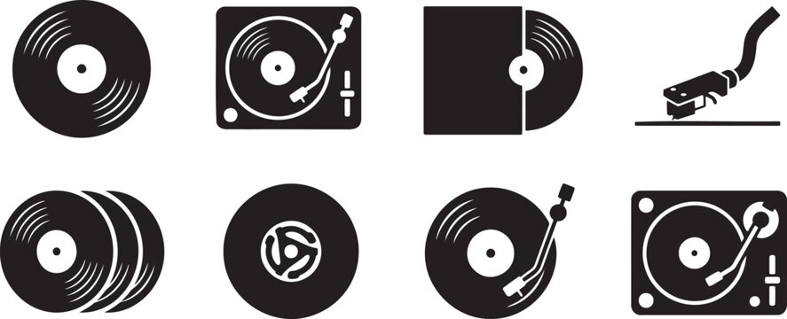 Vintage vinyl records and retro music turntable icons