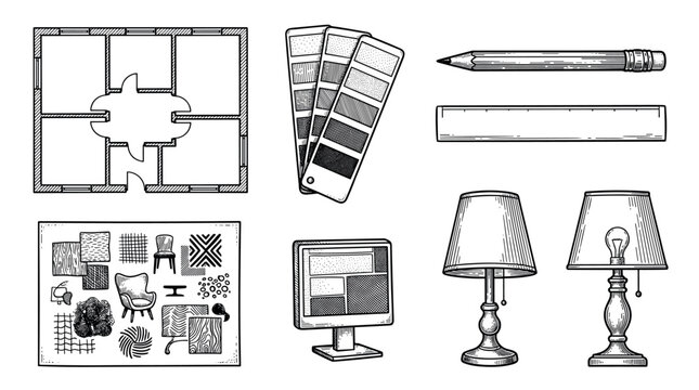 Interior design and architecture planning tools vector illustration set in vintage engraving style