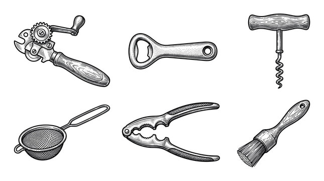 Vintage kitchen utensils and bar tools vector illustration set