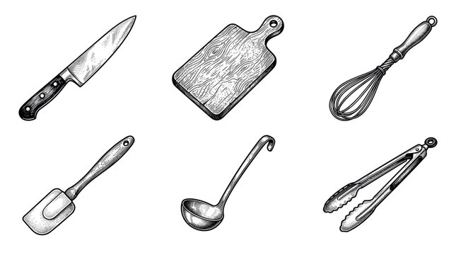 Kitchen utensils and cooking tools vector illustration set in vintage engraving style