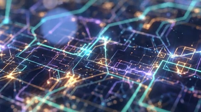 Circuitry patterns illustrate complex digital networks flowing across a dark background, representing advanced technological infrastructure, data connectivity, artificial intelligence, and rapid.