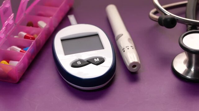 Close up of diabetes testing kit glucose meter lancet device and stethoscope on purple table