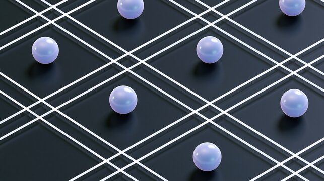 Light purple glossy spherical balls arranged at intersections of white grid lines against solid dark black background for modern minimalist abstract design