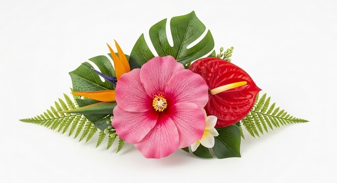 鮮やかな色彩が美しい熱帯の花々が咲き誇る ハワイアンリゾートを思わせる華やかなブーケ 白背景でその魅力を一層引き立てる. AI Generated