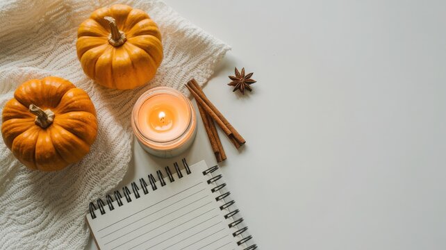 Cozy autumn planning scene with open spiral notebook lit glass candle orange pumpkins and cinnamon sticks on white surface with lace textile for fall decor.