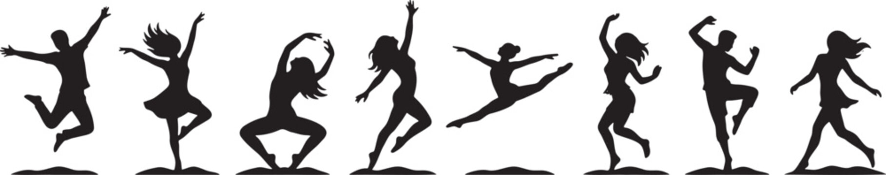 Joyful crowd of people jumping leaping and dancing silhouettes
