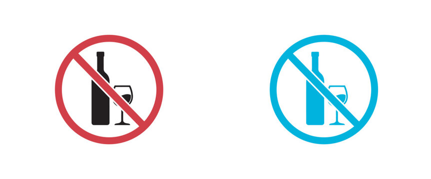 Prohibited alcohol signs with wine bottle and glass icons in red and blue circular warning frames.