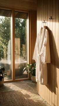 A fluffy white bathrobe hanging on a wood-paneled wall in a luxury resort bathroom, overlooking a serene outdoor whirlpool tub.