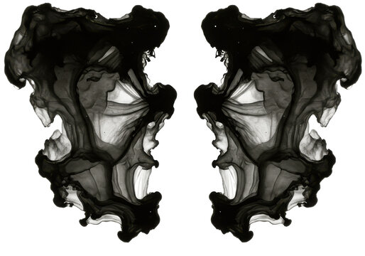 Symmetrical black ink blotches with ethereal, flowing textures and rorschach-like qualities isolated white background