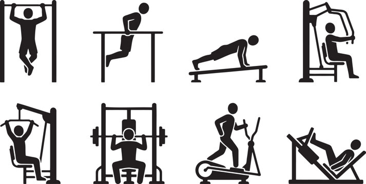 Gym fitness workout machines and bodybuilding weightlifting exercise icons