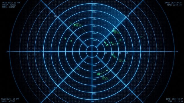 Blue radar grid screen displaying active sonar target tracking