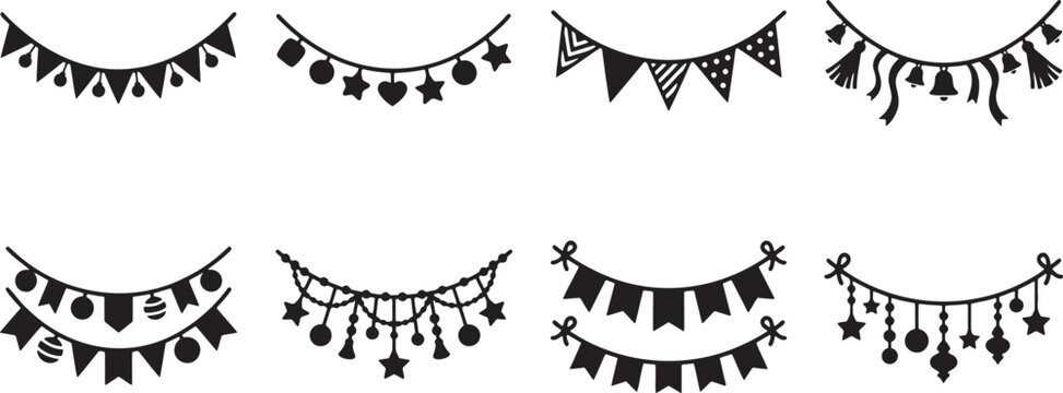 Decorative party bunting flags hanging garlands and tassel banners