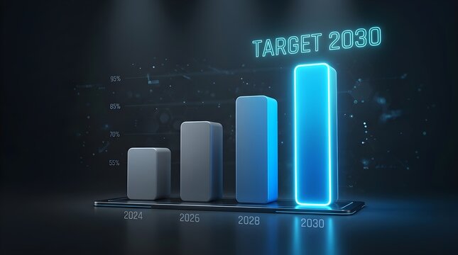 Glowing 3d bar chart showing business growth with target 2030 goal reaching peak performance on a dark digital display