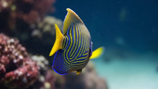 Emperor angelfish swims gracefully through the vibrant saltwater reef while its striking blue and yellow patterns contrast sharply against the dark rocky background of the deep tropical marine.