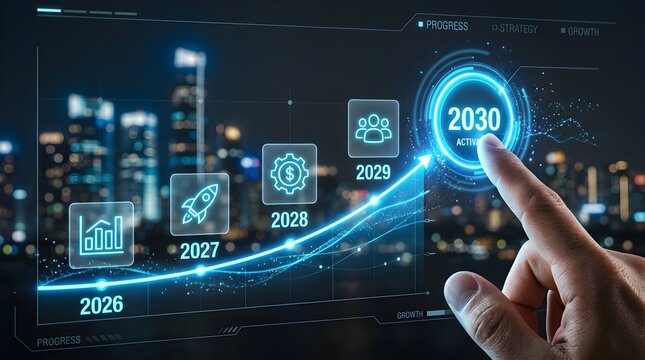 Business person touching a digital growth chart showing financial success and future goals from twenty twenty six to thirty