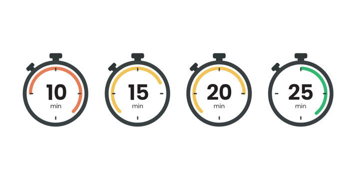 Collection of four stopwatch timer icons showing 10 15 20 and 25 minute duration time markers
