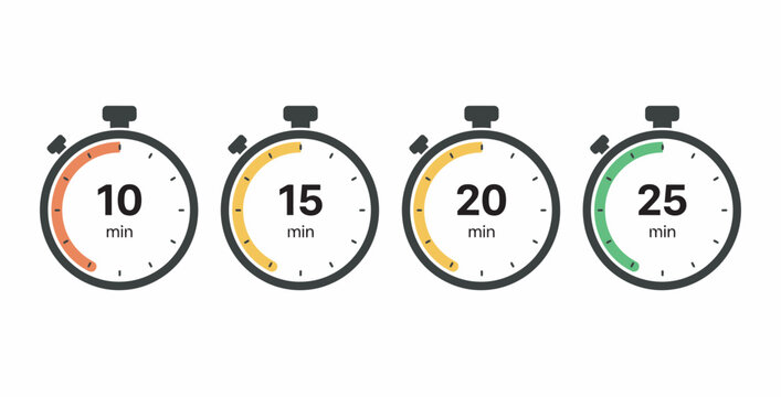 Set of four stopwatch timer icons with 10 15 20 and 25 minute intervals for time tracking