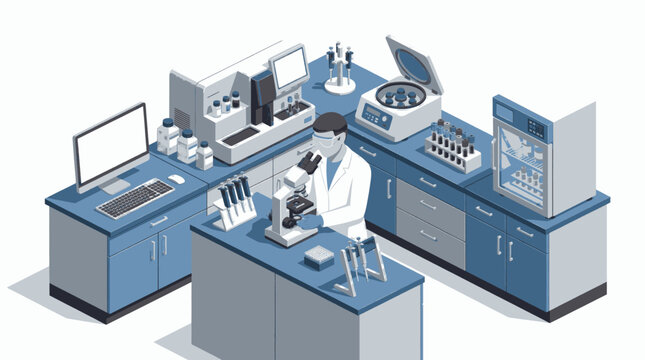 Modern laboratory workspace with advanced robotic equipment and computers for scientific research.