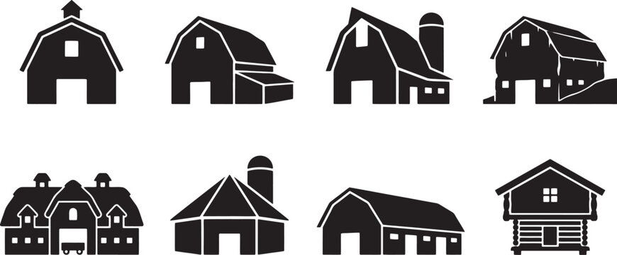 Traditional barn houses and rural farm buildings silhouettes collection