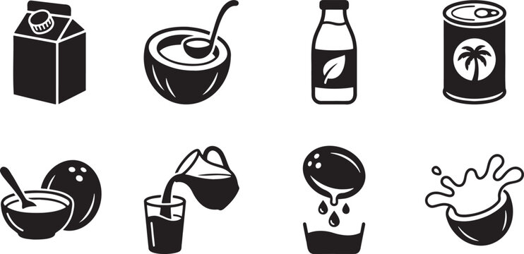 Milk carton coconut drink and breakfast beverage icon collection