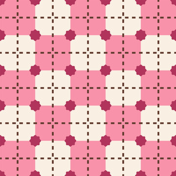 Pink Plaid Seamless Pattern with Floral Accents and Dashed Stitch Lines
