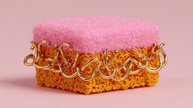 A square pink and orange textured sponge wrapped in shiny gold wire chains on a solid soft pink background surface