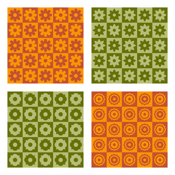 Retro Floral Checkered Seamless Pattern Collection in Mid Century Modern Style