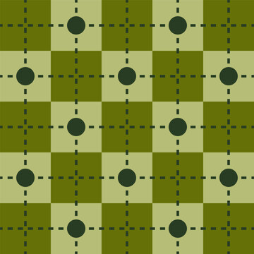 Olive Green Plaid Seamless Pattern with Polka Dots and Stitched Grid Background
