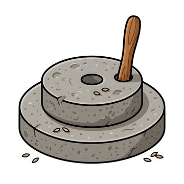 Illustration of an ancient stone millstone or quern for grinding grains with a wooden handle, featuring scattered seeds on a white background.