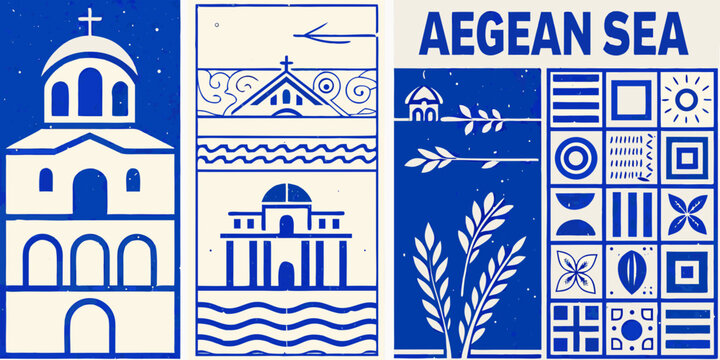 vintage block print style posters featuring greek architecture and symbols church building wave pattern blue white background travel tourism culture history design illustration
