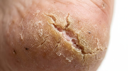 Fototapeta premium Close up of cracked dry skin on a human heel with a deep fissure.