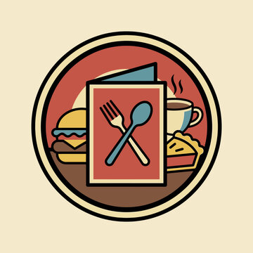 Restaurant food menu emblem with burger and coffee.