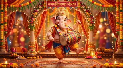 Fototapeta premium Lord Ganesha Playing Drum Ganesh Chaturthi Celebration