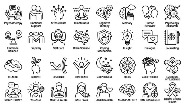 Mental health icons, 32 therapy vector isolated on White Background