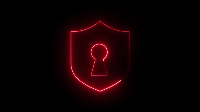 Motion graphic featuring glowing red shield emblem with central keyhole symbol. Cybersecurity concept animation.