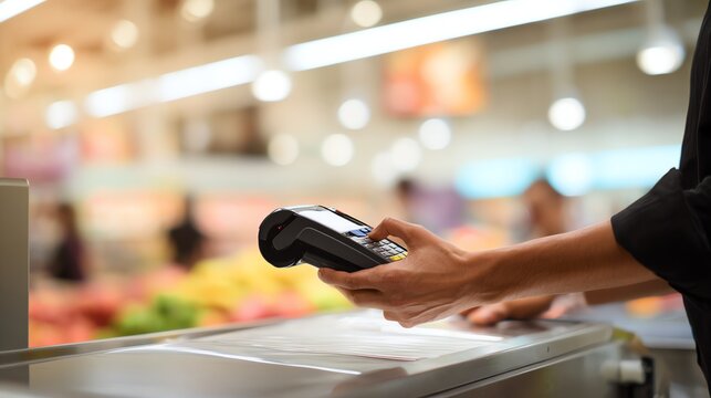 Payment process at a grocery store checkout.