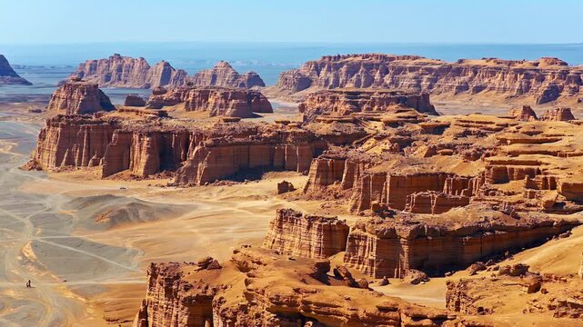Aerial view of majestic yardang landform rock formation in vast desert terrain under clear sky.