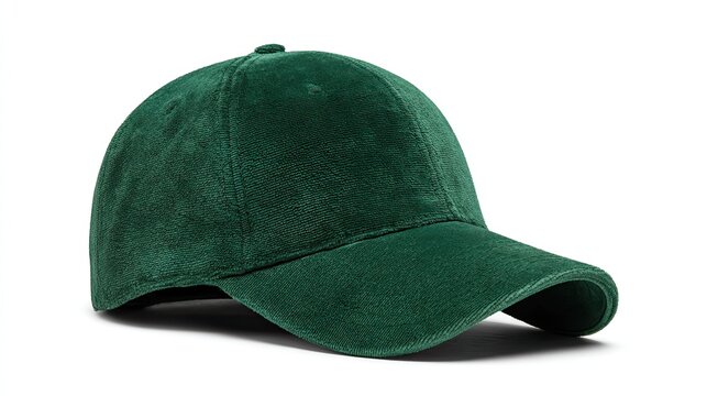 Blank solid dark green corduroy baseball cap mockup, plain casual curved brim dad hat product still life on white background
