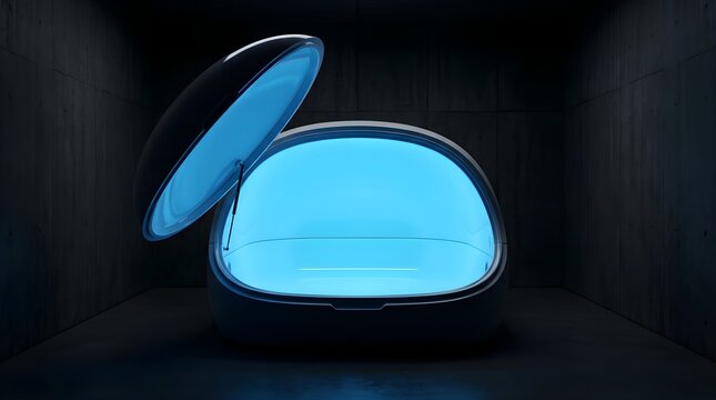 Sensory deprivation tank with glowing blue interior in dark room