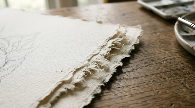 Handmade watercolor paper on wooden table. Textured deckle edge paper for artistic painting.