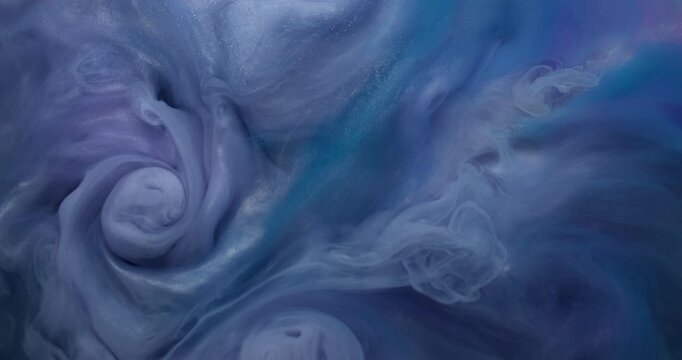 Mystical smoke. Mist wave. White underwater paint stream swirl mixing on violet gray background. Color cosmic curl floating vapor defocused splash.
