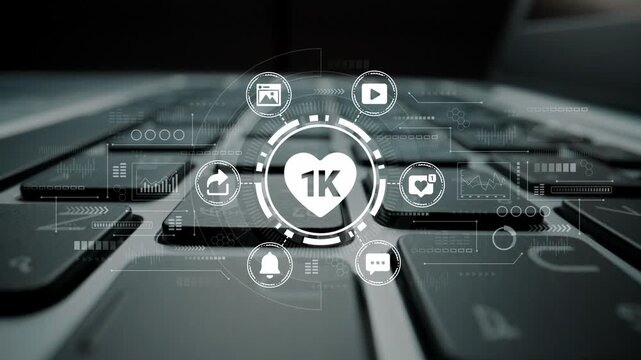 Futuristic Keyboard with Data Visualization and Social Media Icons, Heart Symbol, and One Thousand Indicator in Technology Concept. Entropy.