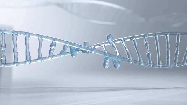 Close-up of a rotating blue DNA helix, representing genetic code and molecular biology, with a clean, futuristic aesthetic